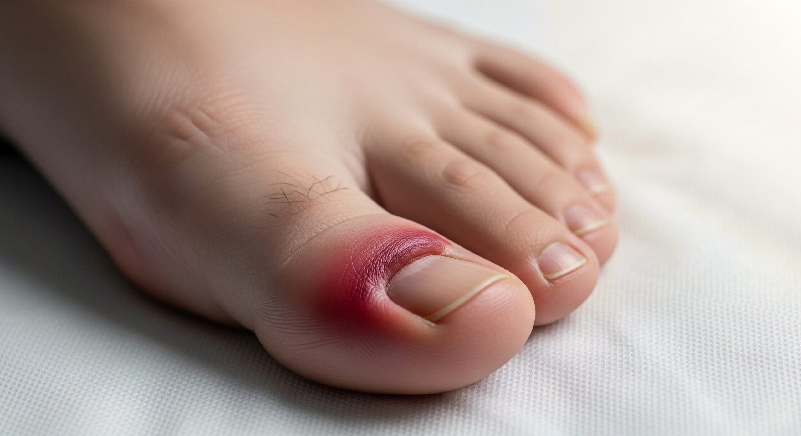 Close-up of a Toe with an Ingrown Nail Causing Pain and Inflammation on a White Background